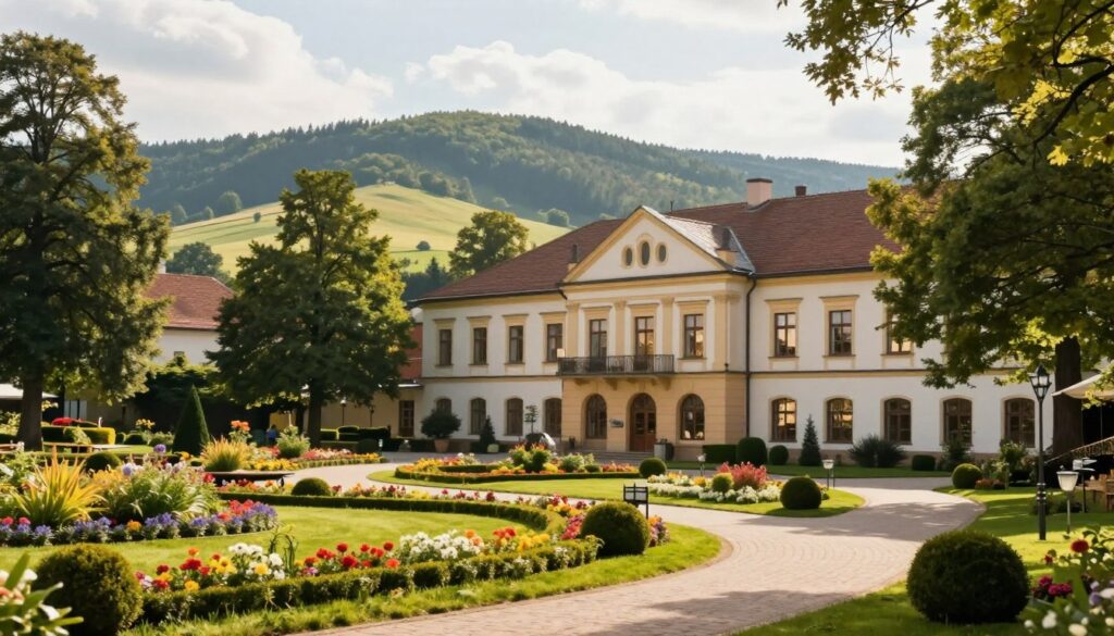 A picturesque view of Wielka Pieniawa Health Resort, nestled in the serene landscape of Kotlin Kłodzka. In the foreground, elegantly manicured gardens with colorful flowers and well-maintained pathways invite visitors. The middle ground features the grand architecture of the health resort, showcasing its historic façade and large windows that reflect the surrounding greenery. Towering trees provide shade, enhancing the tranquil atmosphere. In the background, the rolling hills of the Polish countryside, kissed by soft sunlight, create a soothing backdrop. The lighting is warm and inviting, indicative of a bright, sunny day. The mood is peaceful and rejuvenating, ideal for health and wellness, free from distractions. No people present, ensuring a clean focus on the beauty of the location. A picturesque view of Wielka Pieniawa Health Resort, nestled in the serene landscape of Kotlin Kłodzka. In the foreground, elegantly manicured gardens with colorful flowers and well-maintained pathways invite visitors. The middle ground features the grand architecture of the health resort, showcasing its historic façade and large windows that reflect the surrounding greenery. Towering trees provide shade, enhancing the tranquil atmosphere. In the background, the rolling hills of the Polish countryside, kissed by soft sunlight, create a soothing backdrop. The lighting is warm and inviting, indicative of a bright, sunny day. The mood is peaceful and rejuvenating, ideal for health and wellness, free from distractions. No people present, ensuring a clean focus on the beauty of the location.