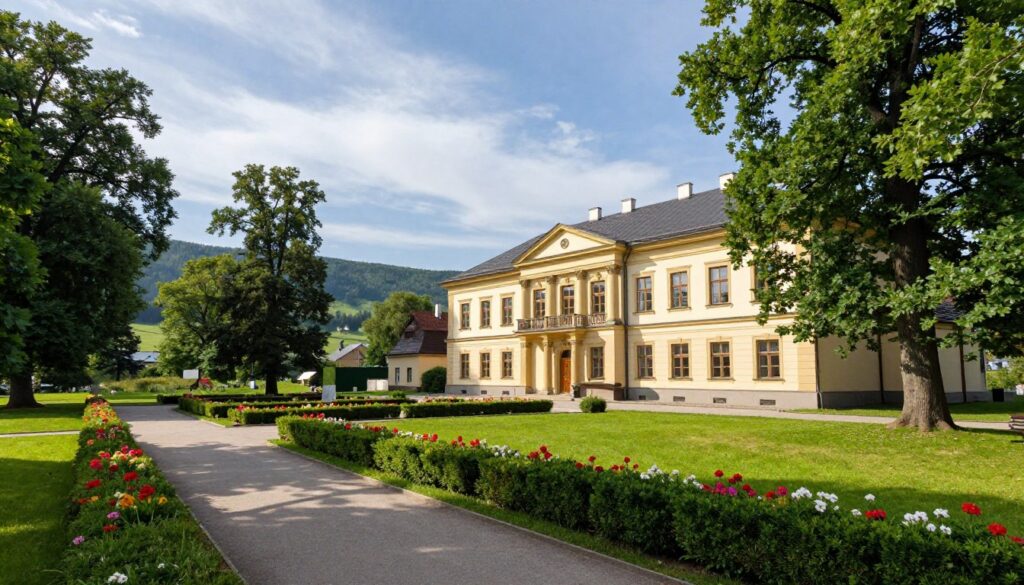 A picturesque view of a charming museum in Kudowa-Zdrój, nestled in the lush greenery of a serene park. In the foreground, there is a well-maintained pathway lined with vibrant flowers and manicured hedges, inviting visitors to explore. The middle ground features the elegant facade of the museum, displaying architectural details like large windows and ornate columns, with a welcoming entrance. In the background, rolling hills and a soft blue sky with wispy clouds create a calming atmosphere. The sunlight filters through the trees, casting gentle shadows on the ground, enhancing the tranquil mood. This scene is captured with a wide-angle lens, offering a sense of space and inviting exploration of the surrounding natural beauty.