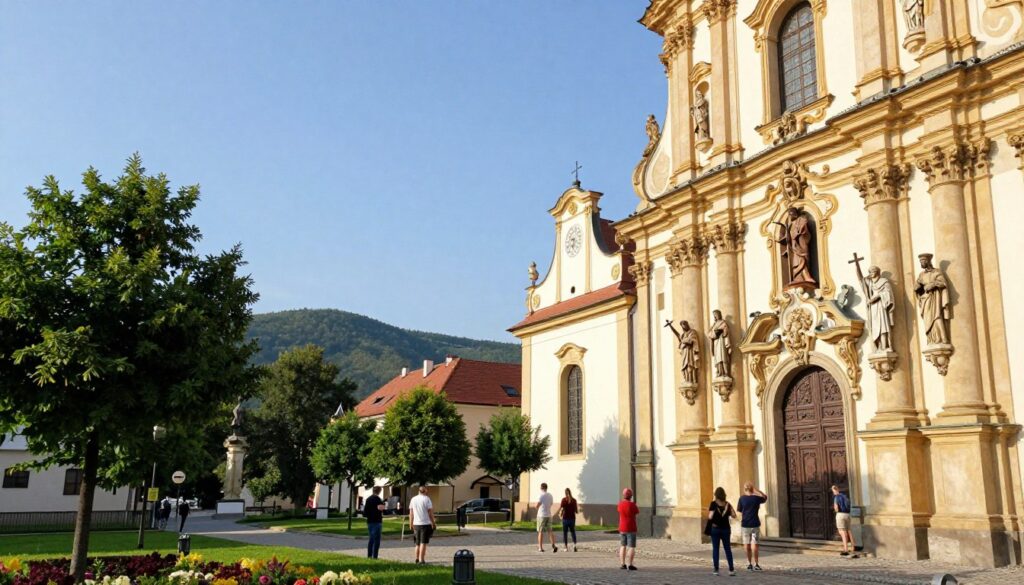 A picturesque view of the Baroque-style Church of St. John of Nepomuk in Lądek-Zdrój, located in the heart of the town. In the foreground, a close-up of the intricately designed facade showcases ornate statues and carvings, with an emphasis on the saint holding a cross. The middle ground features lush greenery, adding a touch of vibrancy, while visitors in modest casual attire admire the architecture. In the background, softly rolling hills under a clear blue sky create a serene atmosphere. The image is illuminated by warm, natural sunlight, highlighting the details of the building's architecture. The scene conveys a sense of historical reverence and peaceful exploration, ideal for capturing the architectural beauty of Lądek-Zdrój.