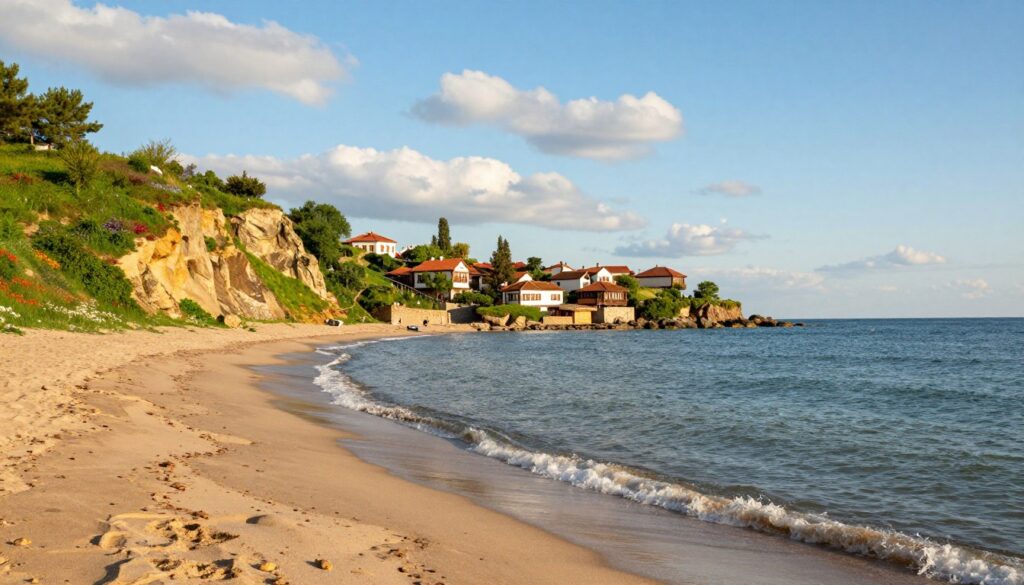 A picturesque view of the Black Sea coastline, showcasing a serene sandy beach with gentle waves lapping at the shore in the foreground. In the middle ground, vibrant green cliffs rise, dotted with vibrant wildflowers, leading up to a quaint seaside village with traditional architecture featuring tiled roofs. The background contains a clear blue sky with soft, fluffy clouds, casting warm sunlight over the landscape, creating a tranquil and inviting atmosphere. The image is taken from a slightly elevated angle, giving a panoramic view of the coastline. The scene should evoke a sense of peace and natural beauty, highlighting the diverse countries that border the Black Sea, suggesting harmony between nature and human settlements.