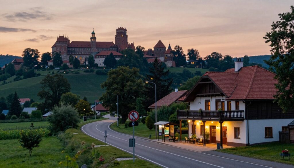 A picturesque view showcasing the scenic routes leading to Niepołomice, with a focus on practical transportation options like a well-maintained road and a nearby bus stop. In the foreground, include a quaint local guesthouse or hotel, characterized by traditional architecture and a welcoming ambiance. The middle ground features lush greenery and gently rolling hills typical of the Polish countryside, inviting travelers. In the background, the silhouette of the Wawel Castle can be seen under a twilight sky, casting a warm glow. Soft, ambient lighting captures the essence of dusk, evoking feelings of comfort and relaxation. The atmosphere should feel peaceful and welcoming, perfect for visitors exploring the area. A picturesque view showcasing the scenic routes leading to Niepołomice, with a focus on practical transportation options like a well-maintained road and a nearby bus stop. In the foreground, include a quaint local guesthouse or hotel, characterized by traditional architecture and a welcoming ambiance. The middle ground features lush greenery and gently rolling hills typical of the Polish countryside, inviting travelers. In the background, the silhouette of the Wawel Castle can be seen under a twilight sky, casting a warm glow. Soft, ambient lighting captures the essence of dusk, evoking feelings of comfort and relaxation. The atmosphere should feel peaceful and welcoming, perfect for visitors exploring the area.