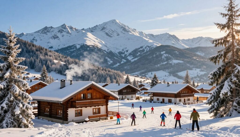 A picturesque winter scene of Zakopane, the winter capital of Poland, nestled in the Tatra Mountains. In the foreground, a cozy wooden chalet with smoke gently rising from the chimney, surrounded by snow-covered trees glistening in the soft sunlight. The middle ground features cheerful skiers and families enjoying winter sports, dressed in colorful winter attire. In the background, majestic peaks of the Tatra Mountains loom, their slopes blanketed in pristine snow under a clear blue sky. The soft glow of the afternoon sun casts a warm light, creating a serene and inviting atmosphere that embodies the charm of this winter wonderland. Capture this scene from a slightly elevated angle to emphasize the beauty of the landscape and the lively activity below. A picturesque winter scene of Zakopane, the winter capital of Poland, nestled in the Tatra Mountains. In the foreground, a cozy wooden chalet with smoke gently rising from the chimney, surrounded by snow-covered trees glistening in the soft sunlight. The middle ground features cheerful skiers and families enjoying winter sports, dressed in colorful winter attire. In the background, majestic peaks of the Tatra Mountains loom, their slopes blanketed in pristine snow under a clear blue sky. The soft glow of the afternoon sun casts a warm light, creating a serene and inviting atmosphere that embodies the charm of this winter wonderland. Capture this scene from a slightly elevated angle to emphasize the beauty of the landscape and the lively activity below.
