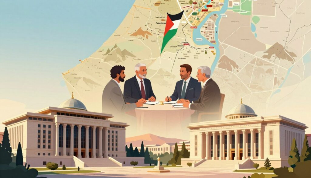 A political landscape illustration depicting the political system of Palestine, with prominent governmental buildings in the foreground, showcasing a modern legislative assembly hall and judicial court. In the middle ground, represent figures in professional business attire engaged in a discussion, embodying cooperation and governance. The background should feature a map of Palestine subtly integrated, highlighting its geographical context with mountainous terrain and urban areas. Employ warm, natural lighting to create a welcoming atmosphere, and use a slight upward angle to convey a sense of growth and stability. The overall mood should reflect a sense of unity and progression, symbolizing hope for effective governance and political structure. A political landscape illustration depicting the political system of Palestine, with prominent governmental buildings in the foreground, showcasing a modern legislative assembly hall and judicial court. In the middle ground, represent figures in professional business attire engaged in a discussion, embodying cooperation and governance. The background should feature a map of Palestine subtly integrated, highlighting its geographical context with mountainous terrain and urban areas. Employ warm, natural lighting to create a welcoming atmosphere, and use a slight upward angle to convey a sense of growth and stability. The overall mood should reflect a sense of unity and progression, symbolizing hope for effective governance and political structure.