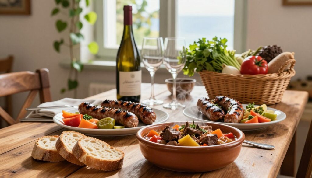 A rustic wooden table is beautifully set with an array of traditional Croatian meat dishes. In the foreground, a steaming bowl of hearty goulash, rich with tender chunks of beef and vibrant vegetables, is accompanied by slices of crusty bread. Beside it, a platter showcases grilled sausages sizzling with herbs, alongside a colorful arrangement of pickled vegetables. In the middle ground, a wine bottle and glasses add a touch of Mediterranean charm, while a bountiful basket of fresh ingredients hints at the coastal terroir. The backdrop features a sunlit window framed with cascading vines, casting warm, inviting light across the scene, evoking a cozy, communal atmosphere. The image captures the essence of Mediterranean flavors and the comfort of home-cooked meals.
