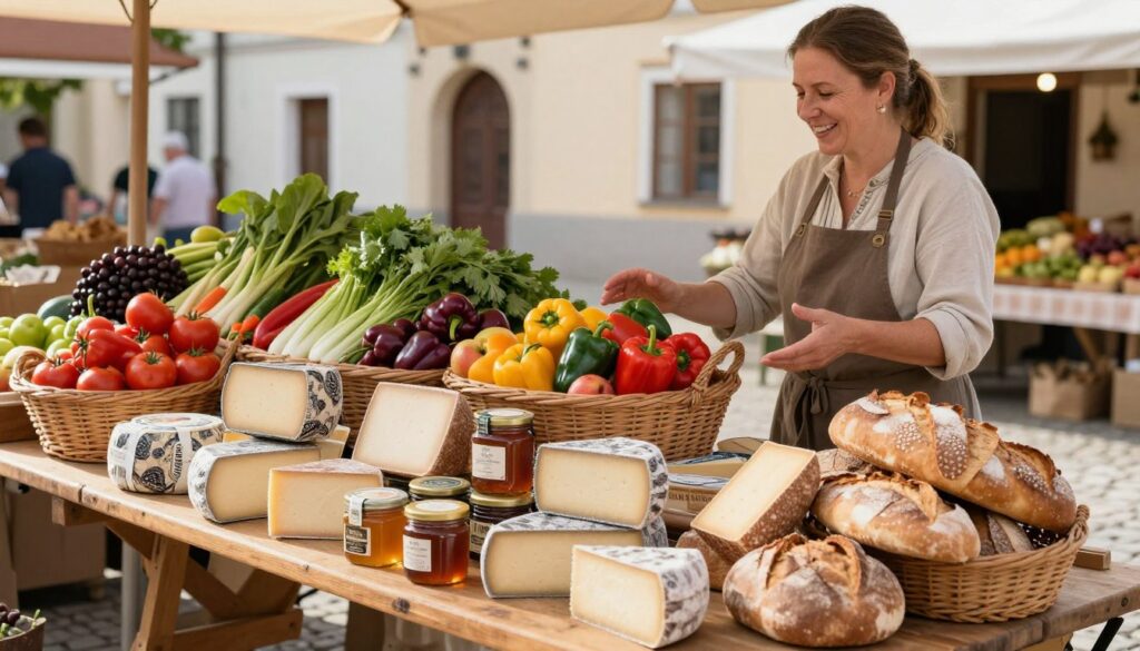 A rustic wooden table set in a charming Sandomierz market, laden with a vibrant array of local products. In the foreground, a curated selection of artisanal cheeses, honey jars, and traditional bread, showcasing textures and colors. The middle ground features baskets overflowing with fresh vegetables and fruits, like ripe tomatoes, colorful peppers, and apples, arranged organically. A vendor wearing modest casual attire stands beside the table, smiling warmly and gesturing towards the products. The background presents a quaint market scene with soft sunlight filtering through, creating a warm, inviting atmosphere. Capture the essence of community and the rich culinary culture of Sandomierz, emphasizing freshness and local flavor in a harmonious composition. A rustic wooden table set in a charming Sandomierz market, laden with a vibrant array of local products. In the foreground, a curated selection of artisanal cheeses, honey jars, and traditional bread, showcasing textures and colors. The middle ground features baskets overflowing with fresh vegetables and fruits, like ripe tomatoes, colorful peppers, and apples, arranged organically. A vendor wearing modest casual attire stands beside the table, smiling warmly and gesturing towards the products. The background presents a quaint market scene with soft sunlight filtering through, creating a warm, inviting atmosphere. Capture the essence of community and the rich culinary culture of Sandomierz, emphasizing freshness and local flavor in a harmonious composition.
