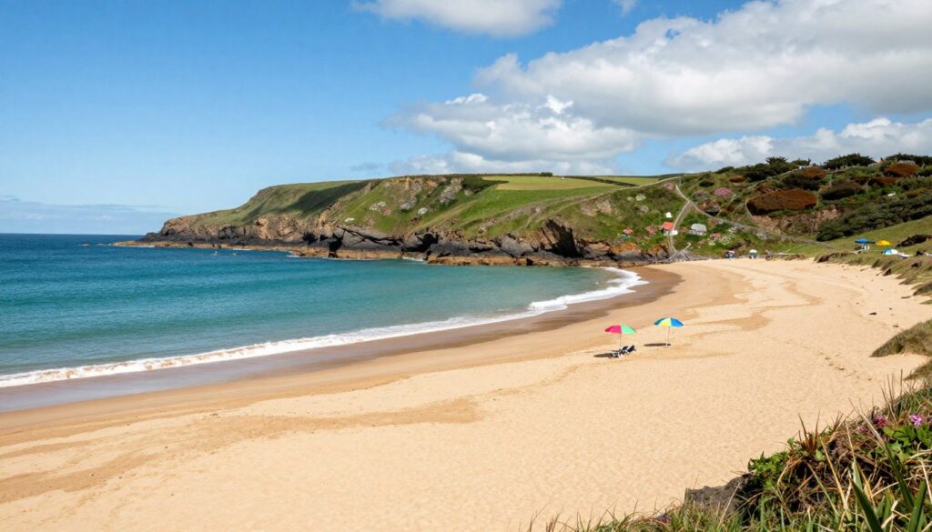 A scenic beach on Jersey Island, capturing its unique charm and coastal beauty. In the foreground, soft golden sands with gentle waves lapping at the shore; a few colorful beach umbrellas dot the landscape. In the middle ground, you can see lush green cliffs with wildflowers, showcasing the island's natural scenery. The background features the turquoise waters of the English Channel, with a clear blue sky scattered with fluffy white clouds, emphasizing a tranquil and inviting atmosphere. The lighting is warm and sunny, casting soft shadows on the sand, while the camera angle is slightly elevated to provide an expansive view of this idyllic coastal retreat. Aim for a serene, picturesque mood that reflects the allure of Jersey Island.