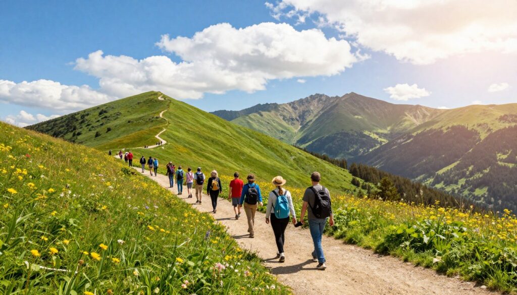 A scenic hiking trail meandering through the lush, green landscapes of the Izera Mountains on a clear, sunny day. In the foreground, a well-marked path lined with vibrant wildflowers and thick greenery invites hikers. A diverse group of people, dressed in casual outdoor clothing, are enjoying the trail—some taking photos, while others are pausing to admire the view. Midway, the gentle slope reveals rolling hills and distant peaks bathed in warm sunlight. The sky is brilliantly blue, dotted with fluffy white clouds, creating a cheerful atmosphere. In the background, towering mountains provide a majestic backdrop, hinting at the natural beauty and adventure that await. The overall mood is energetic and inviting, emphasizing active leisure and exploration.