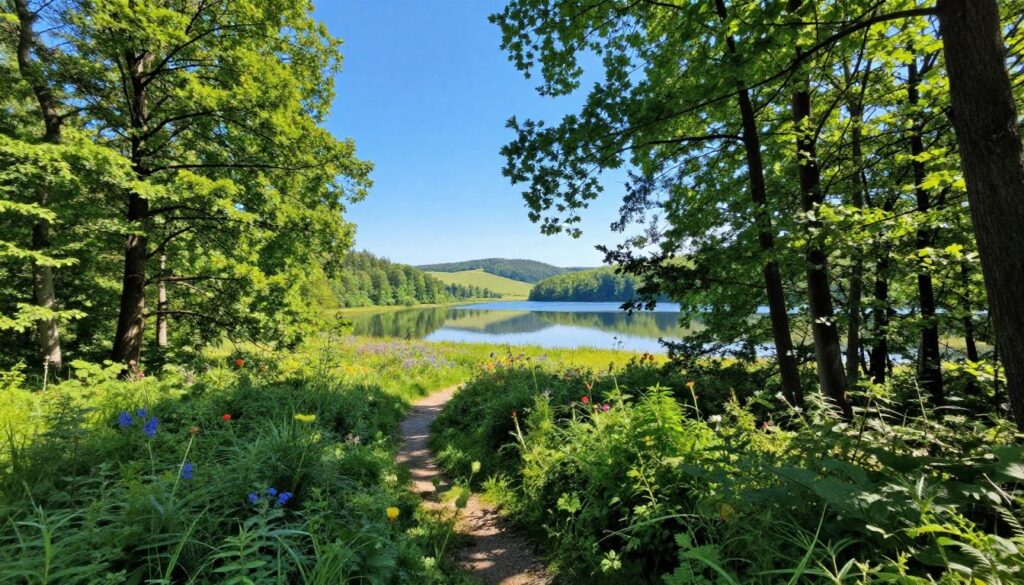 A scenic view of Bolimów Landscape Park, showcasing a lush green forest with tall trees and vibrant underbrush in the foreground. In the middle ground, a winding trail invites hikers, lined with colorful wildflowers and dappled sunlight filtering through the leaves. A serene lake reflecting the clear blue sky can be seen in the background, framed by rolling hills and distant wooded areas. The scene captures a calm, peaceful atmosphere ideal for recreation and tourism. The lighting is bright and cheerful, suggesting a sunny day, with soft shadows enhancing the natural beauty. The image is photographed from a slightly elevated angle to provide depth and perspective, emphasizing the park's exquisite landscaping and inviting ambiance. A scenic view of Bolimów Landscape Park, showcasing a lush green forest with tall trees and vibrant underbrush in the foreground. In the middle ground, a winding trail invites hikers, lined with colorful wildflowers and dappled sunlight filtering through the leaves. A serene lake reflecting the clear blue sky can be seen in the background, framed by rolling hills and distant wooded areas. The scene captures a calm, peaceful atmosphere ideal for recreation and tourism. The lighting is bright and cheerful, suggesting a sunny day, with soft shadows enhancing the natural beauty. The image is photographed from a slightly elevated angle to provide depth and perspective, emphasizing the park's exquisite landscaping and inviting ambiance.