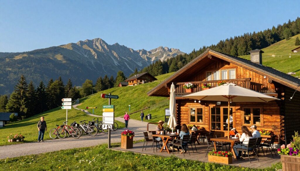 A scenic view of Szczawnica's tourist infrastructure, showcasing a cozy wooden lodge nestled among lush green hills. In the foreground, a quaint café with outdoor seating invites visitors, adorned with flower pots and umbrellas. In the middle ground, recreational facilities such as bike rentals and hiking trail signs indicate approachable adventures. The background features the majestic Pieniny mountains, their peaks jutting against a clear blue sky, as sunlight creates a warm, inviting ambiance. The image captures a serene afternoon, with soft, natural lighting enhancing the vibrant colors of nature. Include professional and modestly dressed travelers, enjoying the outdoor spaces, to evoke a welcoming, adventurous atmosphere. A scenic view of Szczawnica's tourist infrastructure, showcasing a cozy wooden lodge nestled among lush green hills. In the foreground, a quaint café with outdoor seating invites visitors, adorned with flower pots and umbrellas. In the middle ground, recreational facilities such as bike rentals and hiking trail signs indicate approachable adventures. The background features the majestic Pieniny mountains, their peaks jutting against a clear blue sky, as sunlight creates a warm, inviting ambiance. The image captures a serene afternoon, with soft, natural lighting enhancing the vibrant colors of nature. Include professional and modestly dressed travelers, enjoying the outdoor spaces, to evoke a welcoming, adventurous atmosphere.