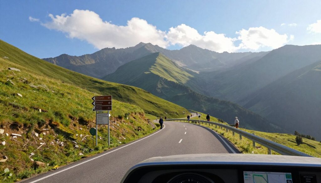 A scenic view of the Holy Cross Mountains, emphasizing practical travel tips. In the foreground, a winding road with directional signs indicating various routes, showcasing a GPS navigation display on a car dashboard. The middle-ground features lush green hills and a clear blue sky, with a few hiking trails and small groups of people dressed in casual outdoor clothing, exploring the area. The background reveals majestic mountain peaks with a soft mist, creating a serene atmosphere. Gentle sunlight filters through the clouds, casting a warm glow over the landscape. The image should be composed with a slight aerial angle to give a broader perspective on the road and surroundings, highlighting the beauty of the region and its accessibility for visitors.