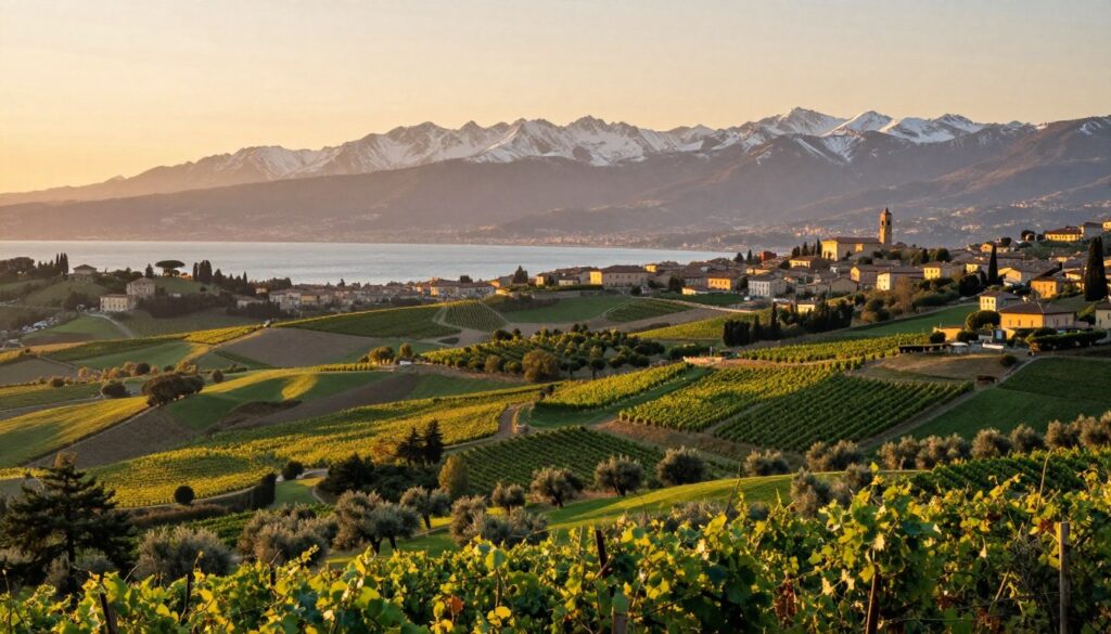 A scenic view of the Italian landscape showcasing various climates, featuring the lush greenery of the north with gentle hills, clear blue lakes and snow-capped mountains in the foreground, transitioning to the warm, sun-kissed vineyards and olive groves of central Italy in the middle ground. In the background, the iconic architecture of southern Italy's coastal towns can be seen, bathed in golden sunset light. The atmosphere is serene and inviting, with soft, diffused lighting creating a tranquil mood. The composition should emphasize depth, utilizing a wide-angle perspective to capture the expansive beauty of Italy’s diverse climates, making it an ideal image to illustrate the topic of climate and its impact on travel.