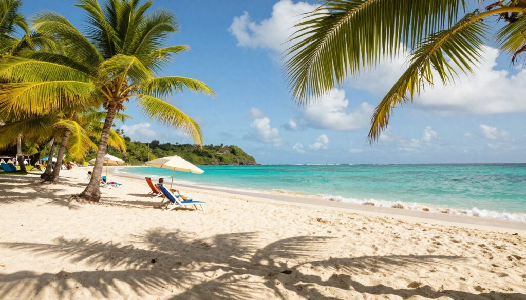 A serene Caribbean beach in Guadeloupe featuring soft, white sand and gentle turquoise waves lapping at the shore. In the foreground, lush green palm trees sway in a light breeze, casting dappled shadows on the sand. In the middle ground, a couple of colorful beach chairs are strategically placed for sunbathing, alongside a small, modest beach umbrella providing shade. The background showcases a clear blue sky with a few fluffy white clouds, enhancing the tranquil atmosphere. A distant view of a lush green hillside completes the scene, indicating the island's beauty. The sunlight bathes the entire landscape in a warm, golden glow, creating a relaxed and inviting mood. The image should be bright and vibrant, showcasing the Caribbean paradise without any people or text. A serene Caribbean beach in Guadeloupe featuring soft, white sand and gentle turquoise waves lapping at the shore. In the foreground, lush green palm trees sway in a light breeze, casting dappled shadows on the sand. In the middle ground, a couple of colorful beach chairs are strategically placed for sunbathing, alongside a small, modest beach umbrella providing shade. The background showcases a clear blue sky with a few fluffy white clouds, enhancing the tranquil atmosphere. A distant view of a lush green hillside completes the scene, indicating the island's beauty. The sunlight bathes the entire landscape in a warm, golden glow, creating a relaxed and inviting mood. The image should be bright and vibrant, showcasing the Caribbean paradise without any people or text.