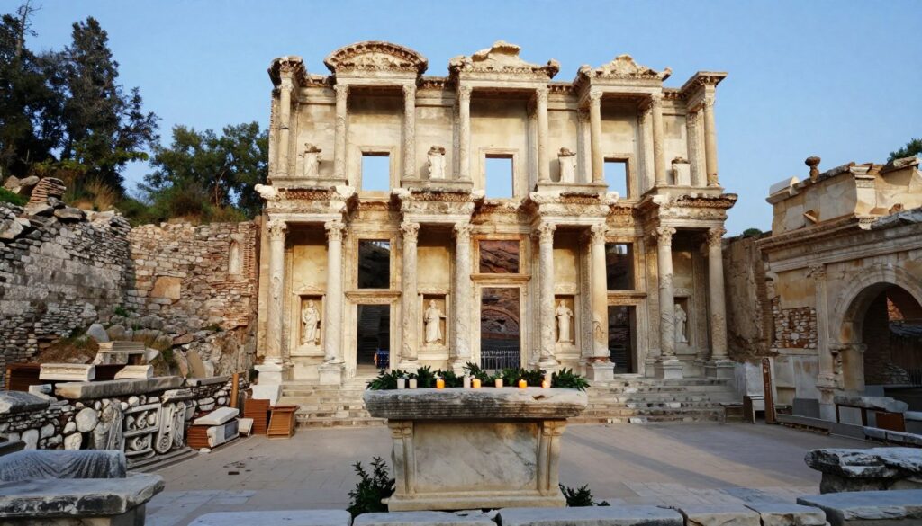 A serene and historic Christian site in Ephesus, focusing on ancient stone ruins and majestic columns, signifying its spiritual legacy. Foreground includes a weathered stone altar adorned with delicate candles and greenery, inviting reverence. The middle ground features the remnants of a grand basilica, with arches and pillars beginning to reclaim nature. In the background, a clear blue sky illuminates the ruins, with soft sunlight creating warm highlights and gentle shadows, emphasizing the antiquity of the site. The atmosphere is peaceful and reflective, evoking a sense of gratitude and awe towards the history of Christianity in this ancient city. The scene is captured with a wide-angle lens to encompass the grandeur, conveying a tranquil spiritual journey through time. A serene and historic Christian site in Ephesus, focusing on ancient stone ruins and majestic columns, signifying its spiritual legacy. Foreground includes a weathered stone altar adorned with delicate candles and greenery, inviting reverence. The middle ground features the remnants of a grand basilica, with arches and pillars beginning to reclaim nature. In the background, a clear blue sky illuminates the ruins, with soft sunlight creating warm highlights and gentle shadows, emphasizing the antiquity of the site. The atmosphere is peaceful and reflective, evoking a sense of gratitude and awe towards the history of Christianity in this ancient city. The scene is captured with a wide-angle lens to encompass the grandeur, conveying a tranquil spiritual journey through time.