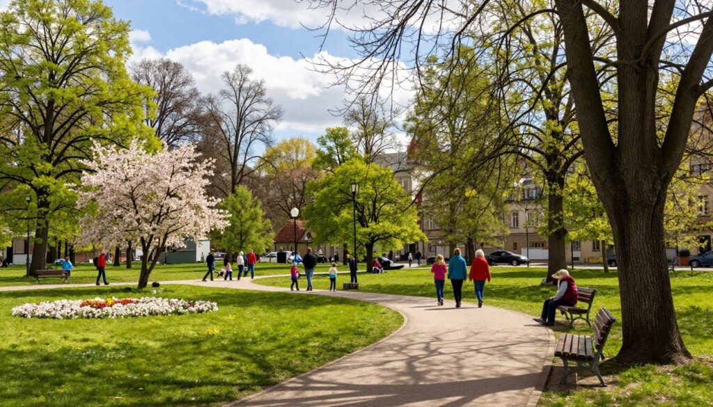 A serene city park in Kalisz during springtime, showcasing vibrant green grass, blossoming flowers, and leafy trees. In the foreground, a winding path invites visitors, with benches placed under the shade of large trees, perfect for relaxation. In the middle ground, families stroll and children play, adding life to the scene, all dressed in casual, colorful clothing. In the background, a gentle blue sky with fluffy white clouds complements the lush landscape. The sunlight filters through the branches, casting soft shadows on the ground and creating a warm, inviting atmosphere. The image should capture the essence of nature and tranquility, highlighting the importance of green spaces in urban life. The composition should be from a slightly elevated angle to encompass the park’s full beauty. A serene city park in Kalisz during springtime, showcasing vibrant green grass, blossoming flowers, and leafy trees. In the foreground, a winding path invites visitors, with benches placed under the shade of large trees, perfect for relaxation. In the middle ground, families stroll and children play, adding life to the scene, all dressed in casual, colorful clothing. In the background, a gentle blue sky with fluffy white clouds complements the lush landscape. The sunlight filters through the branches, casting soft shadows on the ground and creating a warm, inviting atmosphere. The image should capture the essence of nature and tranquility, highlighting the importance of green spaces in urban life. The composition should be from a slightly elevated angle to encompass the park’s full beauty.