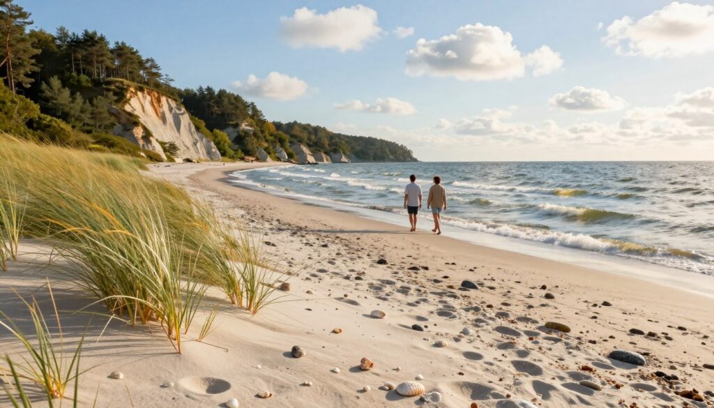 A serene coastal scene at Ustronie Morskie, showcasing the natural treasures of the Baltic Sea. In the foreground, soft white sand dunes adorned with vibrant beach grass, while delicate seashells and small stones add texture. In the middle ground, tranquil waves lap against the shore, reflecting the glistening sunlight. A couple in modest casual clothing strolls along the shoreline, enjoying the peaceful atmosphere. The background features gentle, pine-covered cliffs that rise majestically against a clear blue sky dotted with fluffy white clouds. The warm light of late afternoon casts a golden hue, enhancing the tranquil and inviting mood of this beautiful seaside destination. The scene should evoke a sense of relaxation and connection with nature. A serene coastal scene at Ustronie Morskie, showcasing the natural treasures of the Baltic Sea. In the foreground, soft white sand dunes adorned with vibrant beach grass, while delicate seashells and small stones add texture. In the middle ground, tranquil waves lap against the shore, reflecting the glistening sunlight. A couple in modest casual clothing strolls along the shoreline, enjoying the peaceful atmosphere. The background features gentle, pine-covered cliffs that rise majestically against a clear blue sky dotted with fluffy white clouds. The warm light of late afternoon casts a golden hue, enhancing the tranquil and inviting mood of this beautiful seaside destination. The scene should evoke a sense of relaxation and connection with nature.
