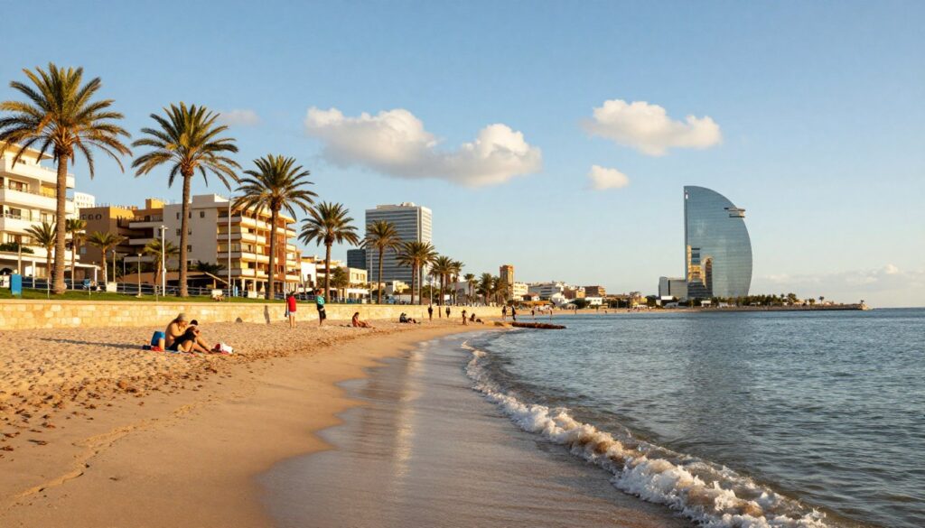 A serene coastal scene depicting the climate of Valencia, showcasing vibrant Mediterranean landscapes. In the foreground, gentle waves lap against a sandy beach, with a few sunbathers in modest summer attire enjoying the pleasant weather. The middle ground features lush palm trees swaying in the light breeze, under a clear blue sky with a few fluffy white clouds, symbolizing the warm climate. In the background, the iconic Valencia skyline emerges, blending modern architecture with historical buildings, bathed in the golden glow of late afternoon sunlight, casting beautiful shadows. The image evokes a sense of tranquility and warmth, perfect for illustrating Valencia's inviting climate. Use soft, natural lighting, captured from a low angle for an expansive view, emphasizing the beauty of the coastal atmosphere.