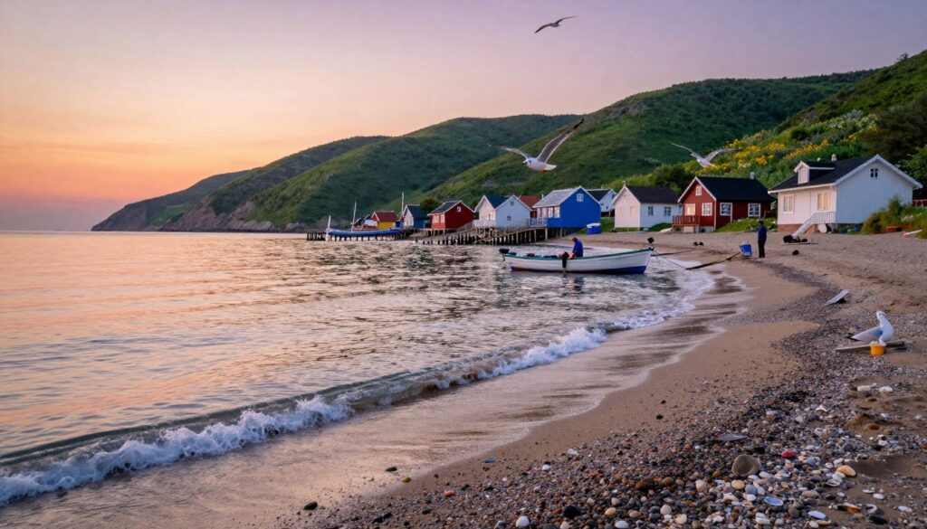 A serene coastal scene of the Black Sea at sunrise, showcasing gentle waves lapping against a sandy beach. In the foreground, pebbles and seashells dot the shore, while a few seagulls glide overhead. The middle ground features a quaint fishing village with colorful wooden houses along the shoreline, and fishermen preparing their boats for the day. In the background, lush green hills rise gently, adorned with patches of wildflowers. The sky is painted in soft hues of orange, pink, and purple, reflecting off the smooth water. Soft, warm lighting creates a peaceful atmosphere, inviting the viewer to appreciate the natural beauty of this region, capturing the essence of the Black Sea's charm and its significance as a geographical landmark.