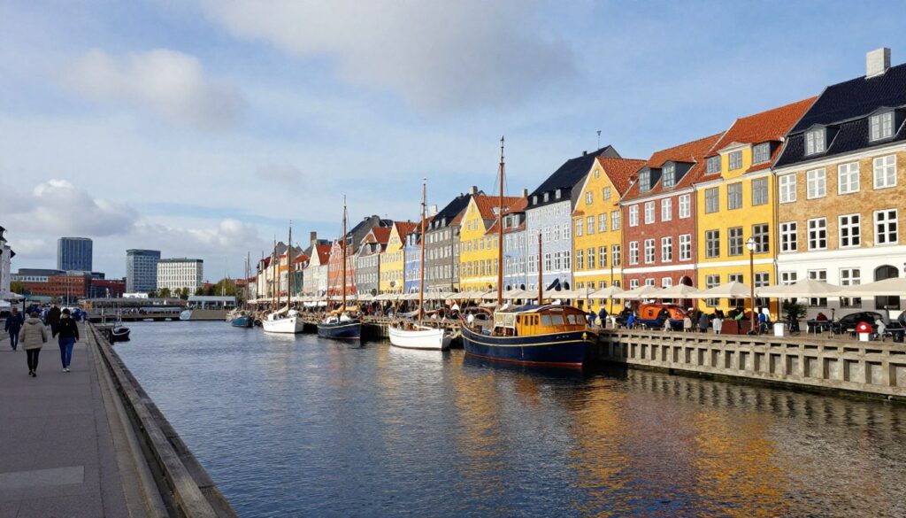 A serene coastal view of Copenhagen's marine climate, showcasing the city's iconic waterfront. In the foreground, gentle waves lap against colorful historic buildings along Nyhavn, reflecting the sunlight. The middle scene features a vibrant harbor with sailing boats and people dressed in modest casual clothing enjoying the atmosphere. In the background, the skyline displays the stunning blend of modern architecture and traditional Danish design, under a partly cloudy sky that hints at the cool, maritime weather. Soft natural lighting enhances the tranquil mood, capturing the essence of a breezy day in the capital of Denmark, inviting and picturesque, yet showcasing the dynamic climatic conditions typical of a coastal city. The scene portrays a calm yet lively atmosphere, reflecting the coastal charm of Copenhagen.