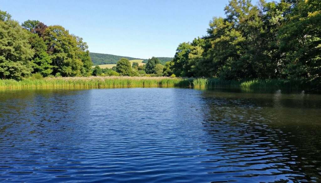 A serene, deep blue lake surrounded by lush greenery, representing the unique natural beauty of Lake Hańcza in Poland. In the foreground, glistening water ripples create a sense of depth, reflecting the clear sky above. The middle ground features a mix of wildflowers and dense trees lining the shore, emphasizing the untouched wilderness. In the background, softly rolling hills provide a gentle contrast to the sharp clarity of the lake’s depth. The sunlight filters through the leaves, casting dappled shadows on the water’s surface, creating a tranquil and inviting atmosphere. The image is captured in crisp detail with a wide-angle lens to enhance the sense of expanse and serenity, embodying the theme of profound depth and natural wonder. A serene, deep blue lake surrounded by lush greenery, representing the unique natural beauty of Lake Hańcza in Poland. In the foreground, glistening water ripples create a sense of depth, reflecting the clear sky above. The middle ground features a mix of wildflowers and dense trees lining the shore, emphasizing the untouched wilderness. In the background, softly rolling hills provide a gentle contrast to the sharp clarity of the lake’s depth. The sunlight filters through the leaves, casting dappled shadows on the water’s surface, creating a tranquil and inviting atmosphere. The image is captured in crisp detail with a wide-angle lens to enhance the sense of expanse and serenity, embodying the theme of profound depth and natural wonder.