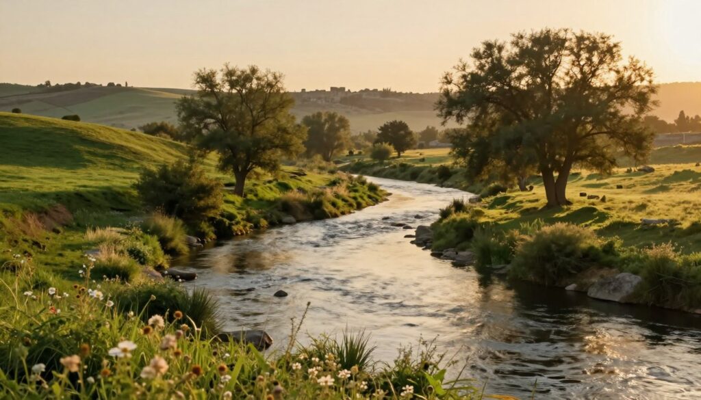 A serene depiction of the Skamander River winding through the landscape of ancient Troy. In the foreground, lush green banks line the gently flowing water, with wildflowers blooming. The middle ground features rolling hills that guide the eye towards the river, complemented by ancient trees that cast dappled shadows in the golden light of sunset. In the background, hints of distant ruins, suggestive of the ancient city, peek through the greenery, shrouded in a soft mist. The atmosphere is tranquil and reflective, evoking a sense of history and beauty. The lighting is warm and inviting, capturing the golden hour glow, while the perspective is slightly elevated, allowing a panoramic view of the picturesque scene. No human subjects are present. A serene depiction of the Skamander River winding through the landscape of ancient Troy. In the foreground, lush green banks line the gently flowing water, with wildflowers blooming. The middle ground features rolling hills that guide the eye towards the river, complemented by ancient trees that cast dappled shadows in the golden light of sunset. In the background, hints of distant ruins, suggestive of the ancient city, peek through the greenery, shrouded in a soft mist. The atmosphere is tranquil and reflective, evoking a sense of history and beauty. The lighting is warm and inviting, capturing the golden hour glow, while the perspective is slightly elevated, allowing a panoramic view of the picturesque scene. No human subjects are present.