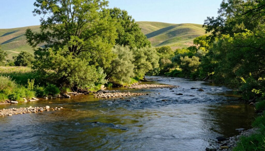 A serene landscape featuring the Wogra River flowing through lush greenery, capturing its role in shaping the local microclimate. In the foreground, gentle ripples of the river reflect sunlight, with small stones and pebbles lining the banks. The middle section shows vibrant, dense trees with rich foliage, creating a cool and shaded area alongside the water. In the background, rolling hills rise gently, dotted with patches of wildflowers under a clear blue sky. Soft, natural lighting casts warm tones over the scene, evoking a peaceful and inviting atmosphere. The angle is slightly elevated, providing a broad view of the river's meandering path through the tranquil environment. The overall mood is calm and refreshing, emphasizing the harmony between nature and water. A serene landscape featuring the Wogra River flowing through lush greenery, capturing its role in shaping the local microclimate. In the foreground, gentle ripples of the river reflect sunlight, with small stones and pebbles lining the banks. The middle section shows vibrant, dense trees with rich foliage, creating a cool and shaded area alongside the water. In the background, rolling hills rise gently, dotted with patches of wildflowers under a clear blue sky. Soft, natural lighting casts warm tones over the scene, evoking a peaceful and inviting atmosphere. The angle is slightly elevated, providing a broad view of the river's meandering path through the tranquil environment. The overall mood is calm and refreshing, emphasizing the harmony between nature and water.