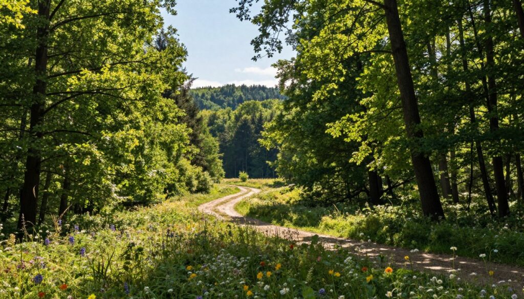 A serene landscape of Puszcza Niepołomicka forest, showcasing lush green foliage and towering trees. In the foreground, a carpet of vibrant wildflowers in various colors, while soft beams of sunlight filter through the leaves, creating a dappled light effect. The middle ground features winding dirt paths inviting viewers to explore deeper into the woods. In the background, a gentle rise of hills covered with dense trees under a clear blue sky, hinting at tranquility and richness of nature. The atmosphere is calm and refreshing, evoking the sense of being in the “green lungs of Małopolska” with birds chirping and a gentle breeze. Captured with a wide-angle lens to emphasize the vastness of the forest, under soft, warm lighting. A serene landscape of Puszcza Niepołomicka forest, showcasing lush green foliage and towering trees. In the foreground, a carpet of vibrant wildflowers in various colors, while soft beams of sunlight filter through the leaves, creating a dappled light effect. The middle ground features winding dirt paths inviting viewers to explore deeper into the woods. In the background, a gentle rise of hills covered with dense trees under a clear blue sky, hinting at tranquility and richness of nature. The atmosphere is calm and refreshing, evoking the sense of being in the “green lungs of Małopolska” with birds chirping and a gentle breeze. Captured with a wide-angle lens to emphasize the vastness of the forest, under soft, warm lighting.