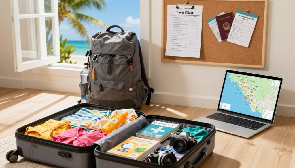 A serene travel preparation scene in a bright, sunlit room. In the foreground, a neatly organized suitcase is packed with vibrant beachwear, sunscreen, travel guides, and a camera. Beside it, a laptop displays a map of Guadeloupe, highlighting key attractions. The middle ground features a stylish travel backpack with a water bottle, and a travel checklist pinned on a corkboard, illustrating essential documents like passports and flight tickets. The background shows an open window revealing a tropical landscape with palm trees and bright blue skies, enhancing the mood of anticipation and adventure. The lighting is warm and inviting, suggesting a sunny day, and the angle is slightly overhead, creating a dynamic perspective. The atmosphere is one of excitement and readiness for exploration. A serene travel preparation scene in a bright, sunlit room. In the foreground, a neatly organized suitcase is packed with vibrant beachwear, sunscreen, travel guides, and a camera. Beside it, a laptop displays a map of Guadeloupe, highlighting key attractions. The middle ground features a stylish travel backpack with a water bottle, and a travel checklist pinned on a corkboard, illustrating essential documents like passports and flight tickets. The background shows an open window revealing a tropical landscape with palm trees and bright blue skies, enhancing the mood of anticipation and adventure. The lighting is warm and inviting, suggesting a sunny day, and the angle is slightly overhead, creating a dynamic perspective. The atmosphere is one of excitement and readiness for exploration.