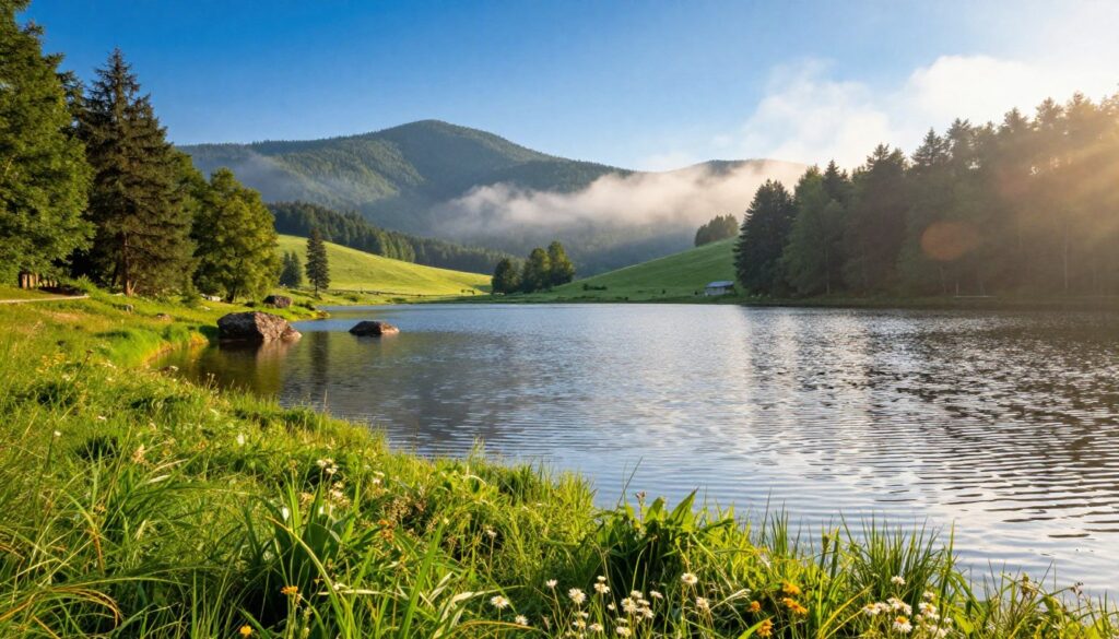 A serene view of Lake Hańcza, nestled in the lush Polish countryside. In the foreground, vibrant green grasses and delicate wildflowers border the calm water's edge, reflecting the rich blue sky. The middle ground showcases the crystal-clear lake surrounded by rolling hills and dense forests, with a few scattered rocks adding texture. In the background, soft peaks of distant mountains frame the landscape, partially shrouded in a gentle morning mist, creating an ethereal atmosphere. The image is bathed in warm, golden sunlight, enhancing the tranquility of the scene, with a focus on the shimmering water and the natural beauty of the surroundings. Capture this idyllic setting at a slightly elevated angle to showcase the expanse of the lake and the vibrant foliage. A serene view of Lake Hańcza, nestled in the lush Polish countryside. In the foreground, vibrant green grasses and delicate wildflowers border the calm water's edge, reflecting the rich blue sky. The middle ground showcases the crystal-clear lake surrounded by rolling hills and dense forests, with a few scattered rocks adding texture. In the background, soft peaks of distant mountains frame the landscape, partially shrouded in a gentle morning mist, creating an ethereal atmosphere. The image is bathed in warm, golden sunlight, enhancing the tranquility of the scene, with a focus on the shimmering water and the natural beauty of the surroundings. Capture this idyllic setting at a slightly elevated angle to showcase the expanse of the lake and the vibrant foliage.