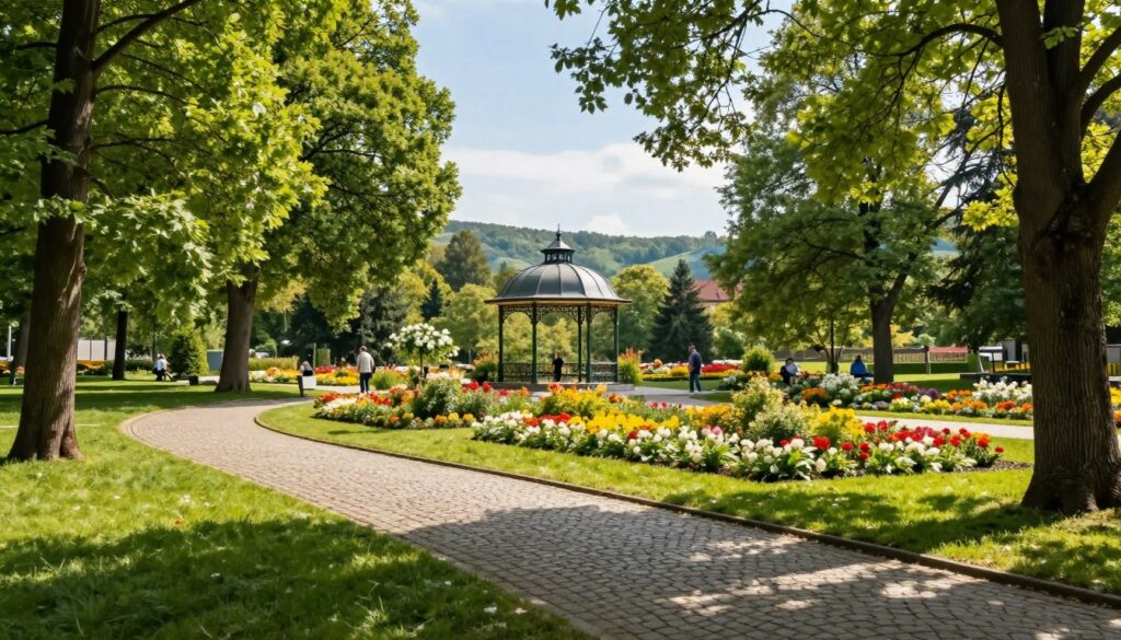 A serene view of Park Zdrojowy in Kudowa-Zdrój, showcasing its lush greenery and manicured flower gardens. In the foreground, a winding cobblestone path leads through vibrant flower beds and tall trees, inviting visitors to explore. In the middle ground, a picturesque decorative gazebo stands amidst blooming plants, with a few people in modest casual clothing enjoying the peaceful surroundings. In the background, soft hills and a clear blue sky enhance the tranquil atmosphere, with dappled sunlight filtering through the leaves. The scene is bathed in warm, inviting daylight, captured from a low angle to emphasize the beauty of the park's natural elements. The overall mood is calming and rejuvenating, embodying the essence of a health resort.