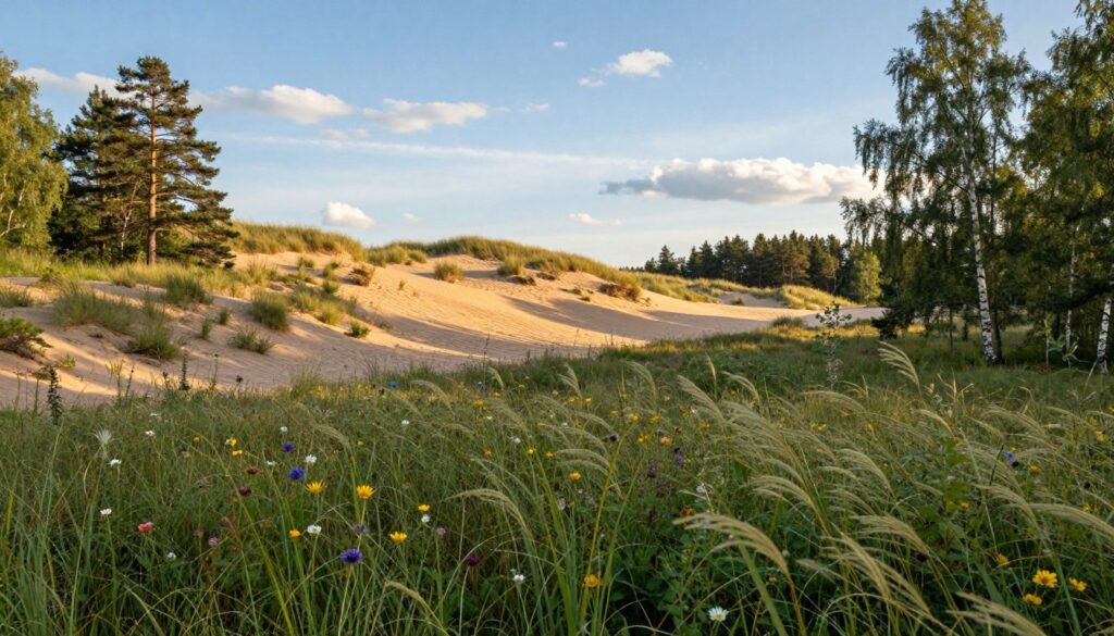 A serene view of Słowiński National Park, featuring rolling sand dunes amidst lush green vegetation. In the foreground, focus on vibrant wildflowers and gentle grasses swaying in the breeze, creating a lively scene. The middle ground showcases the iconic shifting dunes, with their unique patterns formed by the wind, partially illuminated by the soft, warm light of the golden hour. Tall pines and birch trees frame the background, their silhouettes contrasting against a clear blue sky with wispy clouds. The atmosphere is tranquil and inviting, embodying the natural beauty and harmony of this unique ecosystem. Use a wide-angle lens for an immersive perspective, capturing both the expansive landscape and the intricate details of flora, fostering a sense of exploration and peace.