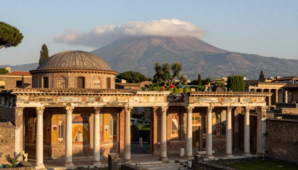 A serene view of ancient Roman residential architecture in Pompeii, featuring intricately detailed domus with vibrant frescoes and elegant columns in the foreground. The middle layer showcases lush gardens with ornamental plants, all against the backdrop of the iconic Mount Vesuvius, partially shrouded in soft clouds. The scene is bathed in warm, golden hour lighting, casting gentle shadows that highlight the textures of the stone walls and colorful tiles. Capture the mood of historical grandeur and tranquility, emphasizing the architectural beauty and cultural richness of the site. Use a wide-angle lens to encompass the expansive layout, ensuring a balanced composition that draws the viewer into this atmospheric ancient environment. A serene view of ancient Roman residential architecture in Pompeii, featuring intricately detailed domus with vibrant frescoes and elegant columns in the foreground. The middle layer showcases lush gardens with ornamental plants, all against the backdrop of the iconic Mount Vesuvius, partially shrouded in soft clouds. The scene is bathed in warm, golden hour lighting, casting gentle shadows that highlight the textures of the stone walls and colorful tiles. Capture the mood of historical grandeur and tranquility, emphasizing the architectural beauty and cultural richness of the site. Use a wide-angle lens to encompass the expansive layout, ensuring a balanced composition that draws the viewer into this atmospheric ancient environment.