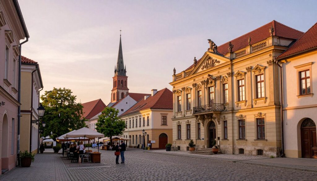 A serene view of historical architecture in Skierniewice, showcasing the town's rich heritage. In the foreground, a cobblestone street lined with elegant historic buildings, including a stunning neoclassical mansion adorned with intricate sculptures and large windows. In the middle ground, a charming town square with a traditional market, where modestly dressed locals engage in conversation, surrounded by vibrant greenery. In the background, softly lit with golden hour sunlight, the silhouette of an ancient church steeple rises against a pastel sky. The atmosphere exudes warmth and nostalgia, evoking a sense of historical significance and cultural pride. Capture this scene with a wide-angle lens, emphasizing depth and detail, while ensuring a soft focus on the background to highlight the charm of the town. A serene view of historical architecture in Skierniewice, showcasing the town's rich heritage. In the foreground, a cobblestone street lined with elegant historic buildings, including a stunning neoclassical mansion adorned with intricate sculptures and large windows. In the middle ground, a charming town square with a traditional market, where modestly dressed locals engage in conversation, surrounded by vibrant greenery. In the background, softly lit with golden hour sunlight, the silhouette of an ancient church steeple rises against a pastel sky. The atmosphere exudes warmth and nostalgia, evoking a sense of historical significance and cultural pride. Capture this scene with a wide-angle lens, emphasizing depth and detail, while ensuring a soft focus on the background to highlight the charm of the town.