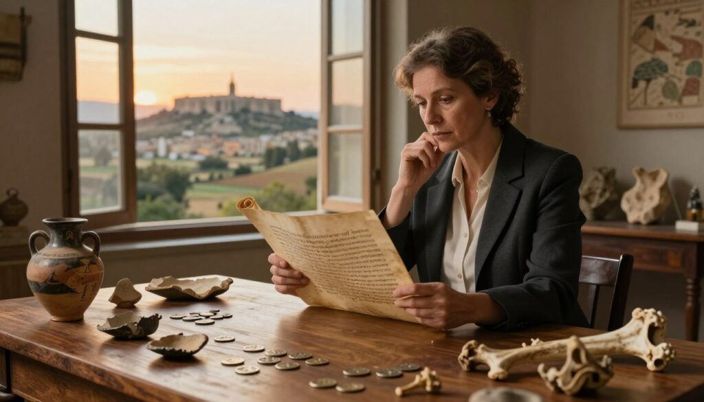 A sophisticated archaeological scene depicting the dating of the Trojan War through a blend of ancient artifacts and modern scientific tools. In the foreground, a detailed wooden table holds a variety of relics such as pottery shards, ancient coins, and bones, under soft, warm lighting to create an inviting atmosphere. The middle ground features a scholar, a middle-aged woman in professional attire, examining a scroll with intricate ancient Greek writings, looking contemplative and focused. Behind her, a large, open window reveals a picturesque view of a landscape reminiscent of ancient Troy, with the distant silhouette of a city and flowing hills bathed in golden sunset light. A sense of inquiry and intellect fills the air, enhancing the theme of discovery and scholarly pursuit. A sophisticated archaeological scene depicting the dating of the Trojan War through a blend of ancient artifacts and modern scientific tools. In the foreground, a detailed wooden table holds a variety of relics such as pottery shards, ancient coins, and bones, under soft, warm lighting to create an inviting atmosphere. The middle ground features a scholar, a middle-aged woman in professional attire, examining a scroll with intricate ancient Greek writings, looking contemplative and focused. Behind her, a large, open window reveals a picturesque view of a landscape reminiscent of ancient Troy, with the distant silhouette of a city and flowing hills bathed in golden sunset light. A sense of inquiry and intellect fills the air, enhancing the theme of discovery and scholarly pursuit.