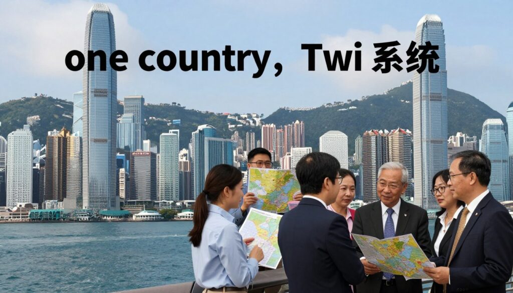 A striking depiction of Hong Kong's political structure, illustrating the concept of "one country, two systems." In the foreground, a modern skyline featuring iconic landmarks like the International Finance Centre and Victoria Harbour, with professionals in business attire engaged in discussion. The middle ground should include a diverse group of citizens from various backgrounds, symbolizing unity and diversity, while holding maps and documents that represent governance and autonomy. In the background, lush green hills contrast with the urban landscape, under a bright, clear sky. The scene is illuminated by soft, natural lighting to create an optimistic and forward-thinking atmosphere, showcasing Hong Kong's unique blend of Eastern and Western influences. The angle should be slightly elevated, providing a panoramic view that captures the vibrancy and complexity of the region's political landscape.