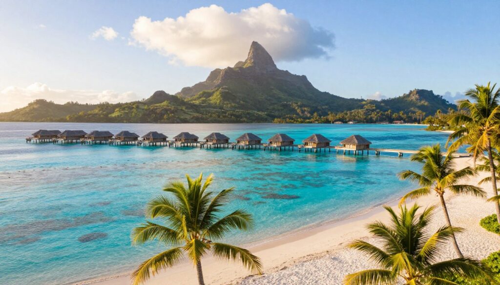 A stunning aerial view of Bora Bora's breathtaking attractions, featuring its iconic overwater bungalows surrounded by crystal-clear turquoise waters. In the foreground, vivid palm trees sway gently in the breeze, casting soft shadows on the pristine white sand beach. In the middle ground, vibrant coral reefs can be seen beneath the water's surface, teeming with colorful marine life. The majestic Mount Otemanu rises in the background, partially shrouded in fluffy white clouds, adding depth to the scene. The lighting is warm and golden, suggesting a late afternoon sun that bathes the landscape in a serene and inviting glow. The overall mood is tranquil and idyllic, embodying the essence of paradise and leisure on this enchanting island.