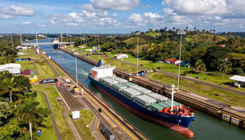 A stunning aerial view of the Panama Canal, showcasing the intricate locks and narrow waterways. In the foreground, a large cargo ship is entering one of the locks, symbols of international trade and commerce. The middle ground features lush greenery and the iconic hills surrounding the canal, while the background includes a bright blue sky dotted with fluffy clouds. The lighting is warm and vibrant, emphasizing the tropical landscape. The angle captures the expansive overview of the canal's infrastructure, highlighting its importance in global shipping routes. The atmosphere conveys a sense of bustling activity and economic significance, perfect for illustrating the vital role of the Panama Canal in world trade. A stunning aerial view of the Panama Canal, showcasing the intricate locks and narrow waterways. In the foreground, a large cargo ship is entering one of the locks, symbols of international trade and commerce. The middle ground features lush greenery and the iconic hills surrounding the canal, while the background includes a bright blue sky dotted with fluffy clouds. The lighting is warm and vibrant, emphasizing the tropical landscape. The angle captures the expansive overview of the canal's infrastructure, highlighting its importance in global shipping routes. The atmosphere conveys a sense of bustling activity and economic significance, perfect for illustrating the vital role of the Panama Canal in world trade.