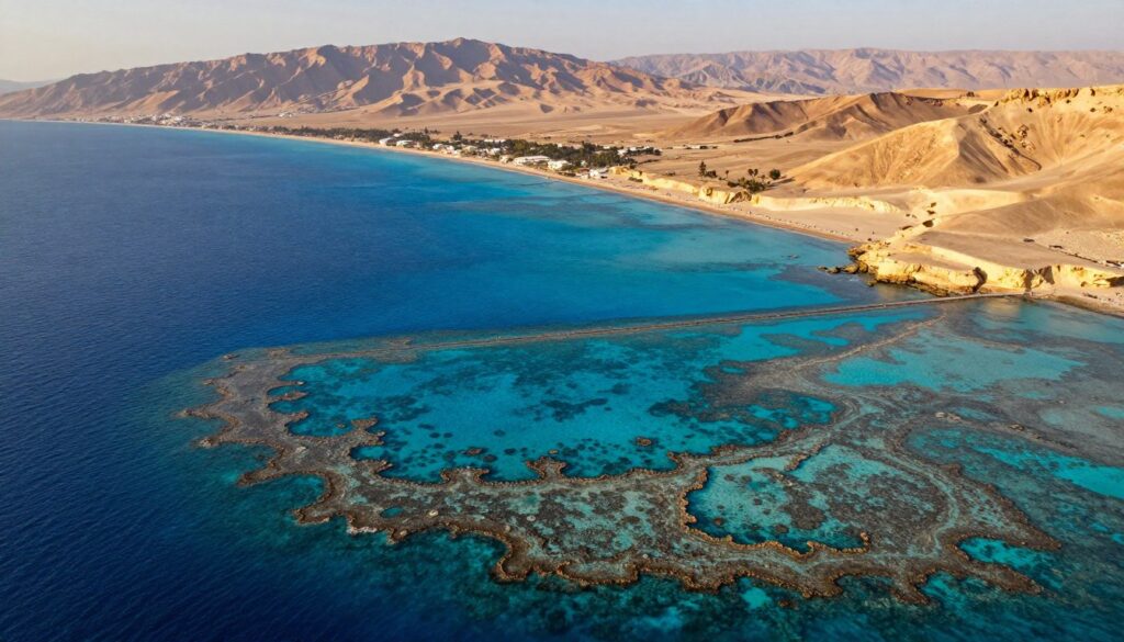 A stunning aerial view of the Red Sea, showcasing its vibrant blue waters and the surrounding coastal regions of Egypt and Saudi Arabia. In the foreground, intricate coral reefs are visible just beneath the surface, hinting at the rich underwater life. The middle ground features a blend of sandy beaches and rocky cliffs, while distant mountains frame the horizon, indicating the geographical significance of the area. The sunlight casts a warm, golden hue over the scene, creating a tranquil yet majestic atmosphere. The image should be captured from a high angle, emphasizing the natural beauty and strategic location of the Red Sea. No text or overlays, purely a breathtaking representation of this vital maritime region. A stunning aerial view of the Red Sea, showcasing its vibrant blue waters and the surrounding coastal regions of Egypt and Saudi Arabia. In the foreground, intricate coral reefs are visible just beneath the surface, hinting at the rich underwater life. The middle ground features a blend of sandy beaches and rocky cliffs, while distant mountains frame the horizon, indicating the geographical significance of the area. The sunlight casts a warm, golden hue over the scene, creating a tranquil yet majestic atmosphere. The image should be captured from a high angle, emphasizing the natural beauty and strategic location of the Red Sea. No text or overlays, purely a breathtaking representation of this vital maritime region.