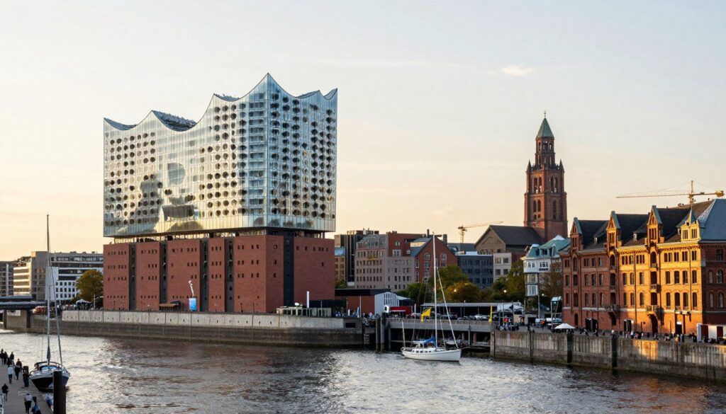 A stunning architectural scene showcasing iconic symbols of Hamburg, Germany, along the Elbe River. In the foreground, feature the modern Elbphilharmonie, its wave-like glass structure reflecting the sunlight. Include historical buildings like the Speicherstadt warehouses in elegant red brick, with intricate detailing. In the middle ground, depict a vibrant waterfront with sailboats and pedestrians enjoying the day. In the background, capture the silhouette of St. Nicholas Church, standing tall against the skyline. Use a warm golden hour lighting to create a welcoming and inviting atmosphere, emphasizing the lively essence of this port city. The angle should be slightly elevated, offering a panoramic view that highlights the blend of modern and historic architecture.