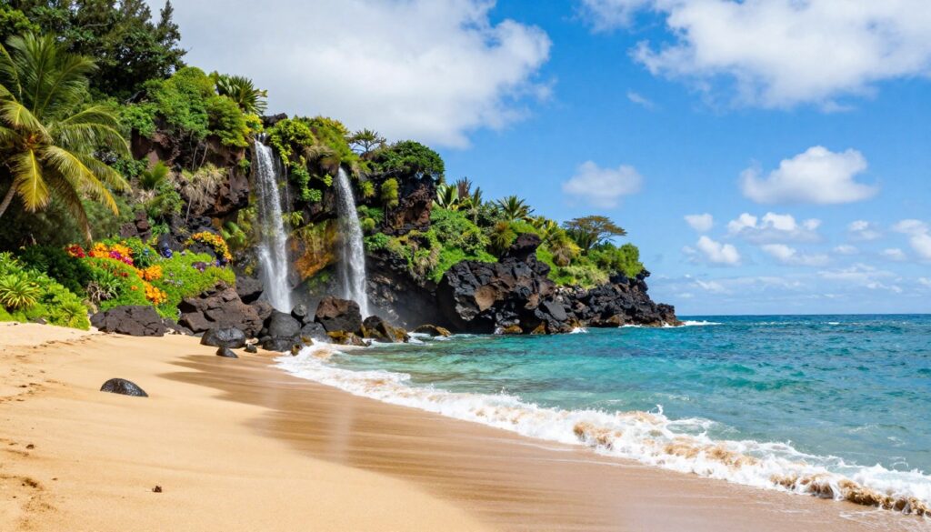A stunning beach scene on the Azores islands, showcasing the unique volcanic landscape and lush greenery. In the foreground, gentle waves lap against the golden sands, with scattered smooth rocks and vibrant, tropical vegetation. The middle ground features a rocky cliff with cascading waterfalls, adorned with rich greenery and colorful wildflowers, emphasizing the island's untouched beauty. In the background, the vast ocean stretches to the horizon under a brilliant blue sky scattered with fluffy white clouds, reflecting the sunlight in shades of turquoise. The overall atmosphere is serene and inviting, portraying the natural wonder of the Azores, distinct from the more touristy Canary Islands. The image should be well-lit, captured at eye-level to enhance the viewer's immersion, with a focus on the vibrant colors and tranquil setting. A stunning beach scene on the Azores islands, showcasing the unique volcanic landscape and lush greenery. In the foreground, gentle waves lap against the golden sands, with scattered smooth rocks and vibrant, tropical vegetation. The middle ground features a rocky cliff with cascading waterfalls, adorned with rich greenery and colorful wildflowers, emphasizing the island's untouched beauty. In the background, the vast ocean stretches to the horizon under a brilliant blue sky scattered with fluffy white clouds, reflecting the sunlight in shades of turquoise. The overall atmosphere is serene and inviting, portraying the natural wonder of the Azores, distinct from the more touristy Canary Islands. The image should be well-lit, captured at eye-level to enhance the viewer's immersion, with a focus on the vibrant colors and tranquil setting.