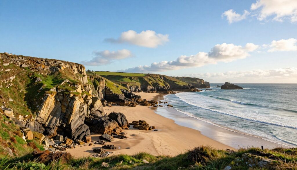 A stunning coastal scene showcasing the differences between the northern and southern coastlines of Cornwall. In the foreground, a rugged cliffside with dramatic rock formations and a hint of lush green vegetation, reflecting the wild, untamed nature of the north. The middle ground features a serene beach with golden sands and gentle waves lapping at the shore, symbolizing the softer beauty of the south. The background highlights a clear, bright sky with soft, fluffy clouds, creating a peaceful atmosphere. The light is warm, capturing the vibrant colors of the landscape during late afternoon. The perspective is a wide-angle view that emphasizes both the cliffs and the expansive beach, inviting the viewer to explore this picturesque region.
