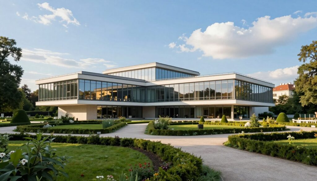 A stunning exterior view of Villa Tugendhat in Brno, showcasing its iconic modernist architecture. The foreground features a manicured garden with lush greenery, elegant pathways, and a serene atmosphere. In the middle, the villa’s distinctive glass façade reflects the sunlight, emphasizing its innovative design and seamless connection with nature. The background captures a clear blue sky with a few fluffy clouds, enhancing the overall brightness. The scene is set in late afternoon light, casting soft shadows and creating a warm, inviting mood. Use a wide-angle lens perspective to accentuate the villa’s grandeur and iconic silhouette, ensuring no people are present to maintain focus on the architectural beauty.