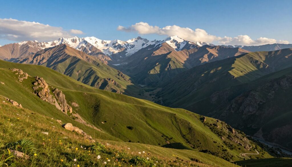 A stunning landscape of Armenia showcasing varied topography, highlighting mountainous regions with dramatic peaks and valleys in the foreground. Include lush green hills with wildflowers and rocky terrain, transitioning into rugged mountains in the middle ground. The backdrop should feature snow-capped peaks under a clear blue sky, with soft clouds adding texture. Utilize warm, golden sunlight to create a captivating atmosphere, casting dynamic shadows that emphasize the land's contours. A slight aerial perspective will enhance the feeling of altitude and grandeur, inviting the viewer to appreciate the natural beauty of this Southern Caucasus country. The overall mood should evoke a sense of exploration and wonder at Armenia's diverse terrains. A stunning landscape of Armenia showcasing varied topography, highlighting mountainous regions with dramatic peaks and valleys in the foreground. Include lush green hills with wildflowers and rocky terrain, transitioning into rugged mountains in the middle ground. The backdrop should feature snow-capped peaks under a clear blue sky, with soft clouds adding texture. Utilize warm, golden sunlight to create a captivating atmosphere, casting dynamic shadows that emphasize the land's contours. A slight aerial perspective will enhance the feeling of altitude and grandeur, inviting the viewer to appreciate the natural beauty of this Southern Caucasus country. The overall mood should evoke a sense of exploration and wonder at Armenia's diverse terrains.