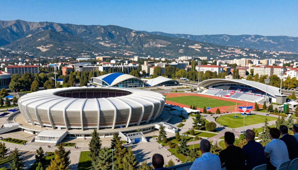 A stunning panoramic view of Sochi's sports complex, showcasing modern athletic facilities and Olympic heritage. In the foreground, feature the iconic Fisht Olympic Stadium with its gleaming white structure and surrounding landscaped plazas filled with lush greenery. In the middle ground, depict additional sports venues like the Iceberg Skating Palace, showcasing its unique architecture, while a few spectators in professional attire are seen enjoying the vibrant atmosphere. The background reveals the scenic backdrop of the Caucasus Mountains under a bright blue sky, adding depth to the image. The sunlight casts warm tones, creating a lively and energetic mood. Use a wide-angle perspective to capture the grandeur of the location, ensuring the image highlights both human activity and architectural marvels.