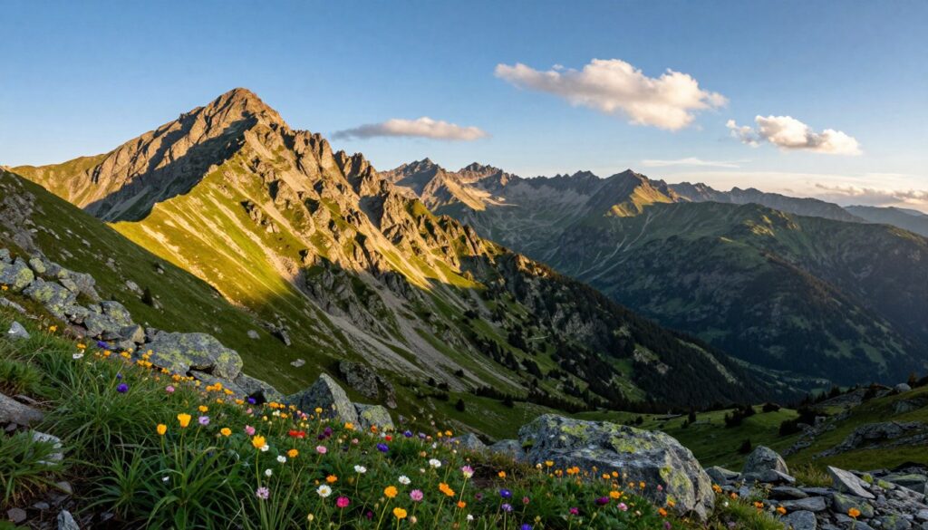 A stunning panoramic view of the highest peaks in the Carpathian Mountains, showcasing dramatic jagged summits and lush green valleys. In the foreground, vibrant alpine flowers bloom, adding splashes of color against the rocky terrain. The middle ground features steep slopes leading to majestic peaks, bathed in golden sunlight that casts long shadows and highlights the textures of the rocks. In the background, a clear blue sky with wispy white clouds complements the grandeur of the mountains, creating an awe-inspiring atmosphere. The image captures the essence of this rugged landscape in early morning light, evoking a sense of tranquility and adventure in a pristine natural setting.
