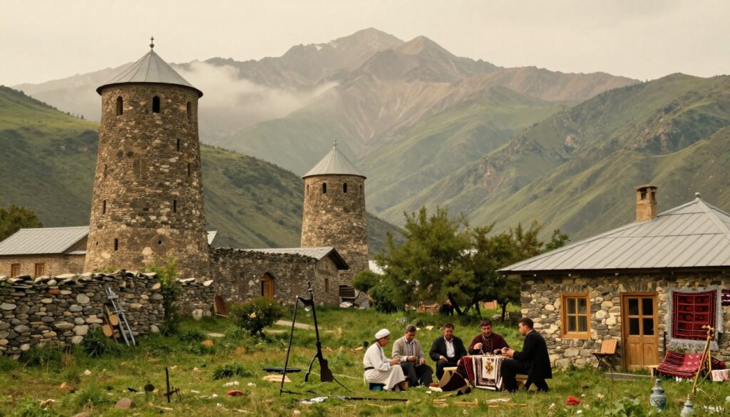 A stunning representation of Chechen historical heritage, featuring a picturesque landscape of the Caucasus Mountains in the background, symbolizing strength and resilience. In the foreground, depict traditional Chechen architecture, such as the iconic stone towers of the Vainakh people, set against lush greenery. Include subtle references to historical artifacts like ancient weapons or textiles to convey cultural richness. The middle ground should feature a group of modestly dressed individuals engaged in traditional crafts, exuding a sense of community and pride in their heritage. Soft, warm lighting bathes the scene, creating a nostalgic and reflective mood, with a slight mist over the mountains, evoking a sense of timelessness and continuity. Use a medium-wide angle to capture the vastness of the landscape, enhancing the connection between the people and their homeland.
