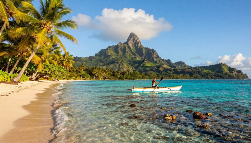 A stunning tropical landscape of French Polynesia, featuring a lush coral reef teeming with colorful marine life. In the foreground, a clear turquoise lagoon with gentle waves lap at the shore, where sun-kissed sand and palm trees gently sway in the breeze. In the middle ground, a traditional outrigger canoe glides gracefully through the water, with a person in modest casual clothing paddling. The background showcases majestic volcanic mountains rising dramatically against a bright blue sky dotted with fluffy white clouds. Warm golden sunlight filters through the trees, creating a serene and inviting atmosphere, ideal for lovers of exotic destinations. Capture this idyllic scene with a wide-angle lens to emphasize the expansive beauty of the landscape, ensuring a vibrant, colorful palette that draws the viewer in. A stunning tropical landscape of French Polynesia, featuring a lush coral reef teeming with colorful marine life. In the foreground, a clear turquoise lagoon with gentle waves lap at the shore, where sun-kissed sand and palm trees gently sway in the breeze. In the middle ground, a traditional outrigger canoe glides gracefully through the water, with a person in modest casual clothing paddling. The background showcases majestic volcanic mountains rising dramatically against a bright blue sky dotted with fluffy white clouds. Warm golden sunlight filters through the trees, creating a serene and inviting atmosphere, ideal for lovers of exotic destinations. Capture this idyllic scene with a wide-angle lens to emphasize the expansive beauty of the landscape, ensuring a vibrant, colorful palette that draws the viewer in.