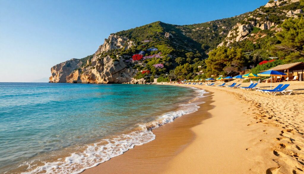 A stunning view of pristine beaches along the Zakynthos coastline, featuring crystal-clear turquoise waters gently lapping at soft, golden sands in the foreground. In the middle ground, colorful beach umbrellas and sun loungers are arranged neatly, creating an inviting atmosphere. Lush green cliffs rise majestically in the background, dotted with vibrant wildflowers under a bright blue sky. The lighting is warm, capturing the golden glow of late afternoon sun, casting soft shadows on the sand. A panoramic angle enhances the sweeping beauty of this idyllic setting, evoking a sense of tranquility and escape. The overall mood is serene and inviting, perfect for showcasing the unique beaches of Zakynthos. A stunning view of pristine beaches along the Zakynthos coastline, featuring crystal-clear turquoise waters gently lapping at soft, golden sands in the foreground. In the middle ground, colorful beach umbrellas and sun loungers are arranged neatly, creating an inviting atmosphere. Lush green cliffs rise majestically in the background, dotted with vibrant wildflowers under a bright blue sky. The lighting is warm, capturing the golden glow of late afternoon sun, casting soft shadows on the sand. A panoramic angle enhances the sweeping beauty of this idyllic setting, evoking a sense of tranquility and escape. The overall mood is serene and inviting, perfect for showcasing the unique beaches of Zakynthos.