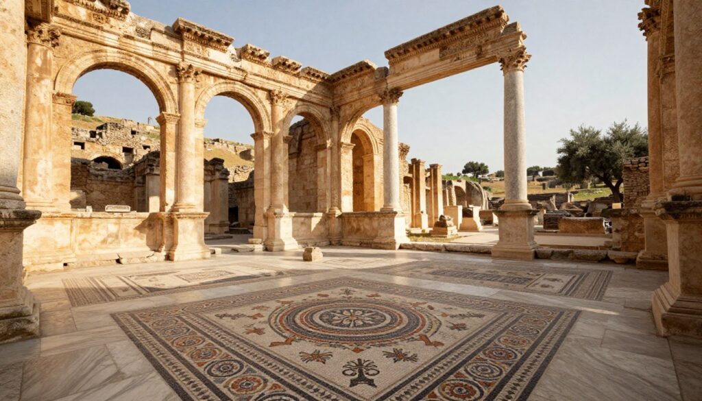 A stunning view of the Roman Baths of Antoninus (Termy Antoniusza), situated in Carthage, showcasing the grandeur of ancient Roman architecture. In the foreground, intricate mosaics decorate the marble pavements, adorned with vibrant patterns that catch the light. The middle ground features towering columns and arches made of ancient stone, conveying the scale of the complex. In the background, the ruins of the surrounding landscape hint at historical significance, with distant olive trees and remnants of other structures. The scene is bathed in warm, golden sunlight, creating a nostalgic and serene atmosphere. Shot from a low angle to emphasize the magnificence of the architecture, capturing the essence of Roman innovation in a Mediterranean setting. A stunning view of the Roman Baths of Antoninus (Termy Antoniusza), situated in Carthage, showcasing the grandeur of ancient Roman architecture. In the foreground, intricate mosaics decorate the marble pavements, adorned with vibrant patterns that catch the light. The middle ground features towering columns and arches made of ancient stone, conveying the scale of the complex. In the background, the ruins of the surrounding landscape hint at historical significance, with distant olive trees and remnants of other structures. The scene is bathed in warm, golden sunlight, creating a nostalgic and serene atmosphere. Shot from a low angle to emphasize the magnificence of the architecture, capturing the essence of Roman innovation in a Mediterranean setting.