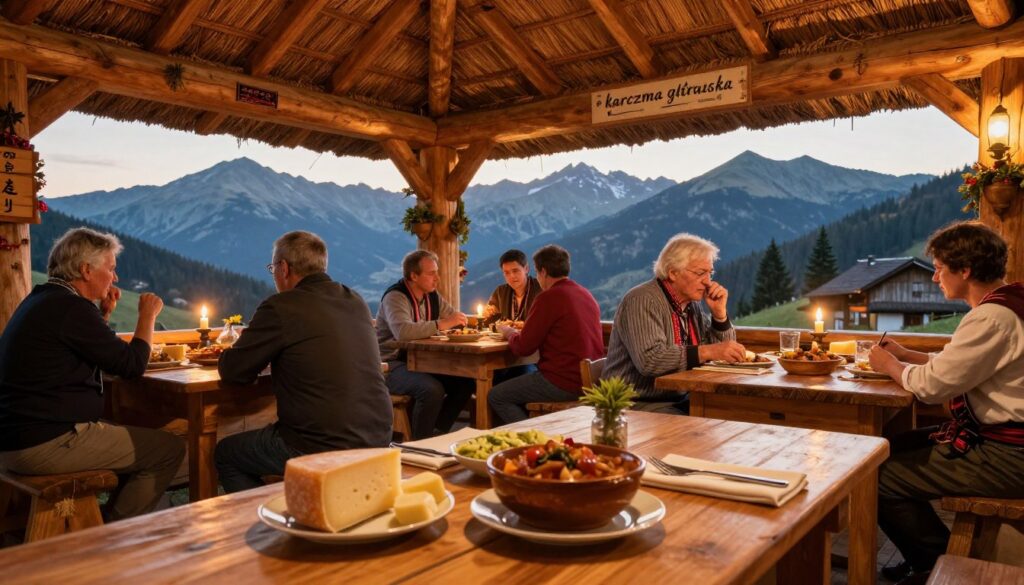 A traditional "karczma góralska" nestled in the mountains of Zakopane, with wooden beams and a thatched roof, exuding rustic charm and warmth. In the foreground, a wooden table is adorned with regional delicacies like oscypek cheese and hearty goulash, inviting diners to experience the local flavors. In the middle, a cozy interior showcases patrons dressed in modest casual clothing, enjoying their meals and engaging in lively conversation, surrounded by traditional Polish decorations and warm candlelight. The background features a panoramic view of the Tatra Mountains, bathed in soft, golden evening light, enhancing the intimate atmosphere. The scene captures the essence of Goral culture, radiating hospitality and culinary richness. A traditional "karczma góralska" nestled in the mountains of Zakopane, with wooden beams and a thatched roof, exuding rustic charm and warmth. In the foreground, a wooden table is adorned with regional delicacies like oscypek cheese and hearty goulash, inviting diners to experience the local flavors. In the middle, a cozy interior showcases patrons dressed in modest casual clothing, enjoying their meals and engaging in lively conversation, surrounded by traditional Polish decorations and warm candlelight. The background features a panoramic view of the Tatra Mountains, bathed in soft, golden evening light, enhancing the intimate atmosphere. The scene captures the essence of Goral culture, radiating hospitality and culinary richness.