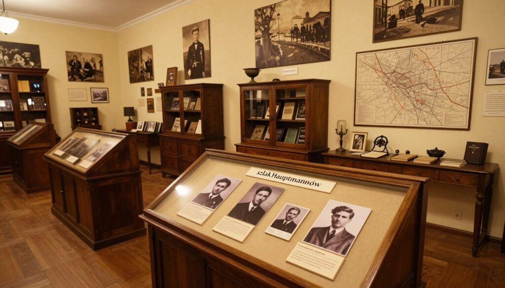 A traditional museum setting showcasing the "szlak Hauptmannów" exhibits, filled with historical artifacts and photographs related to the Hauptmann brothers. In the foreground, display a detailed display case featuring an ornate glass frame with black-and-white photographs of the brothers, surrounded by informative plaques. The middle ground showcases vintage wooden cabinets filled with books and artifacts, illuminated gently by soft, warm lighting. The background reveals museum walls adorned with sepia-toned paintings and maps of Szklarska Poręba, creating a contemplative atmosphere. The scene captures a sense of nostalgia and reverence, inviting viewers to explore the rich local history. Use a wide-angle lens effect to capture the bustling yet tranquil ambiance of the museum. Soft focus on the edges enhances the inviting mood.